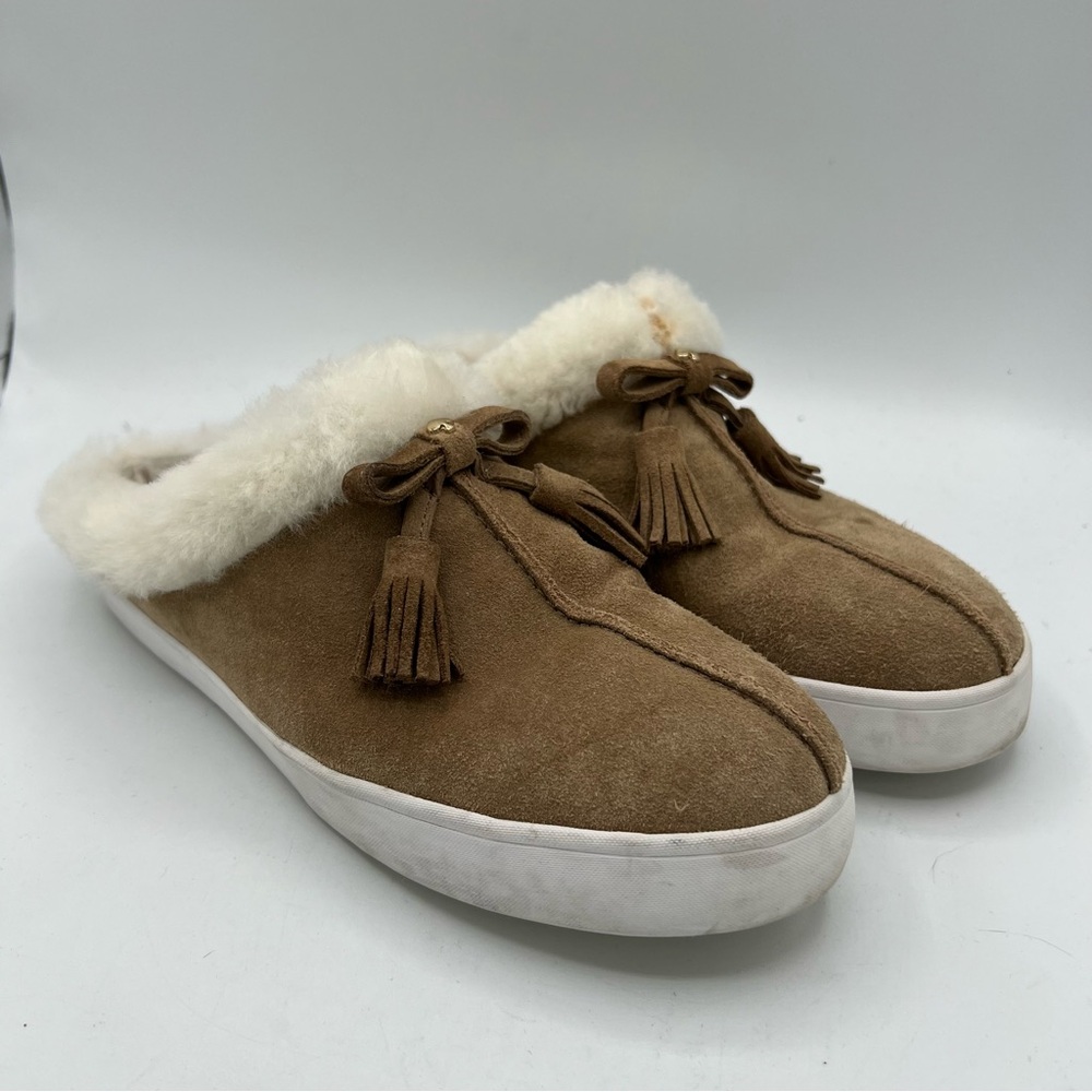 Kate Spade NY Limon Mules Womens Sz 7 Suede Slip On Slippers Tassel Sherpa Lined